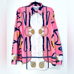 NWOT Pink Equestrian Style Silky Blouse - Bits, Chains, Leather - Size Large